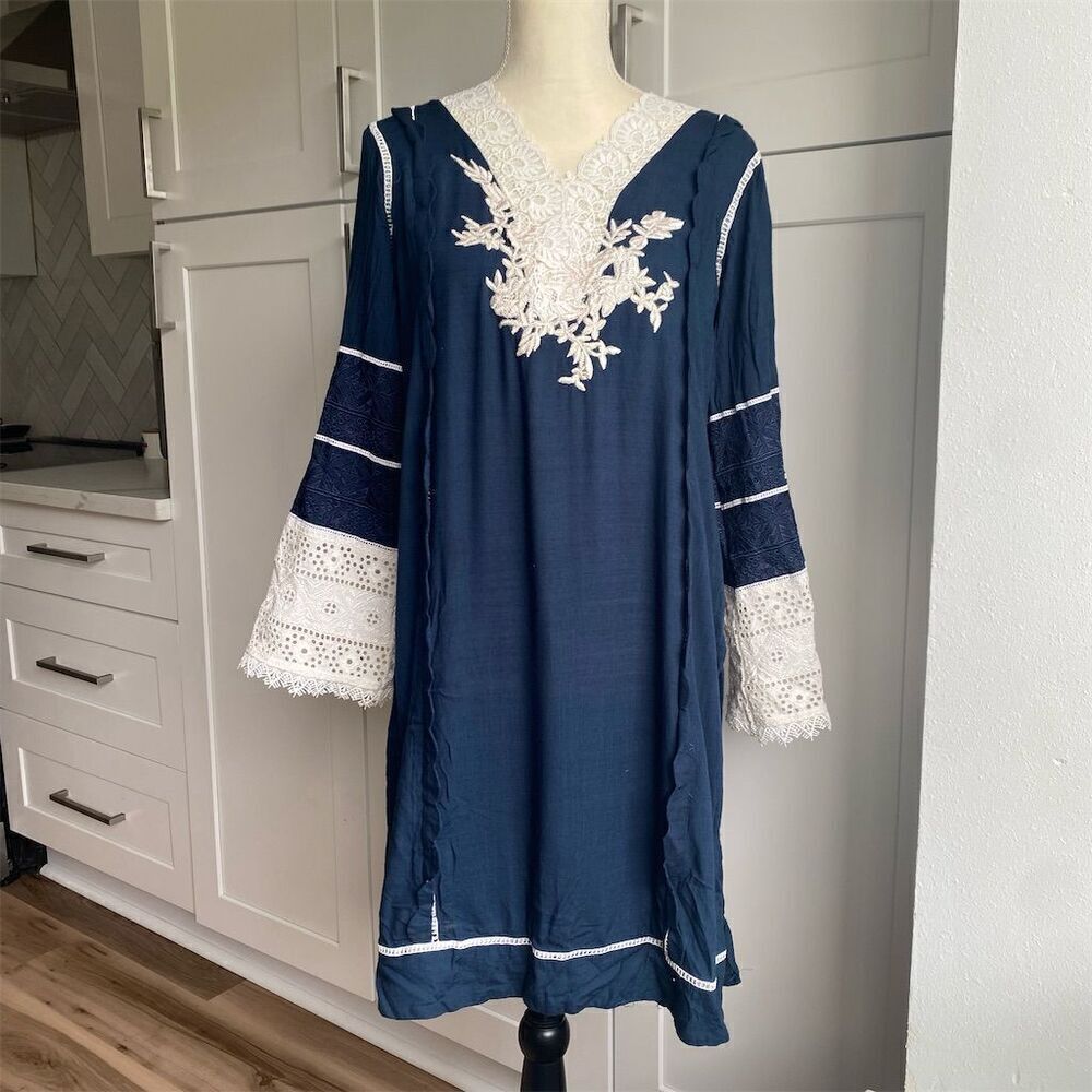 Sana Safinaz Women's Long Blue Kurta Top S White Embroidery Casual